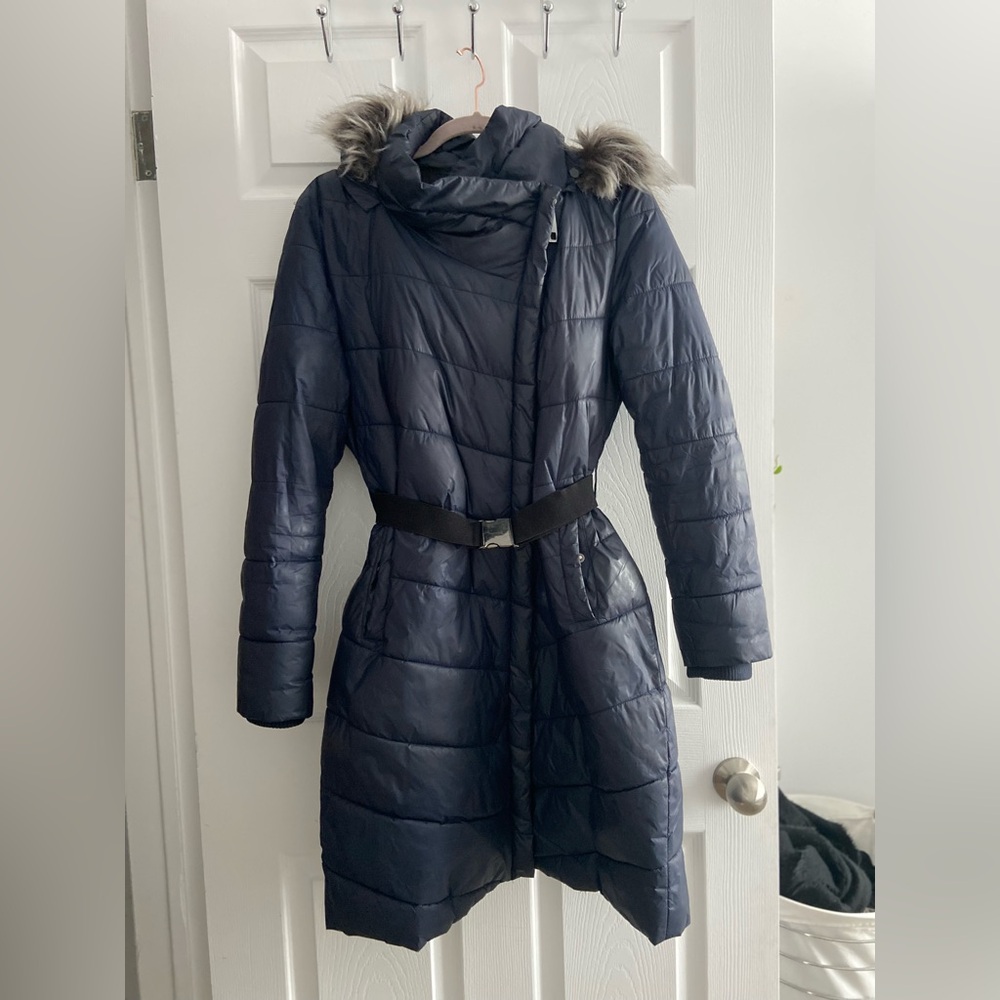 Simons Dark Blue Puffer Jacket with Faux Fur Hood